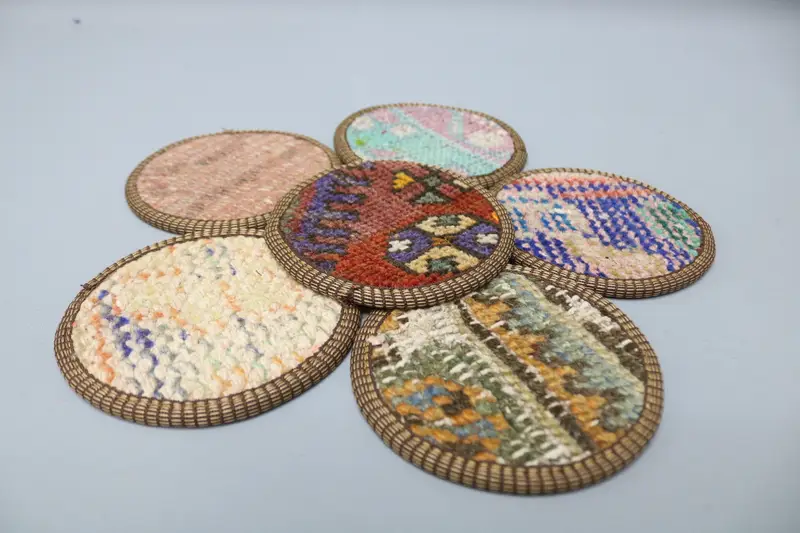 Red and Bronze Bohemian Round Coaster, Unique Kilim Coaster