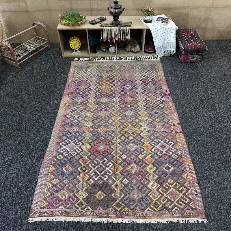 Vintage Türk Kilim Halısı 5.2x8.9 ft (160x270 cm), Mor Paisley Yün Halı - 1