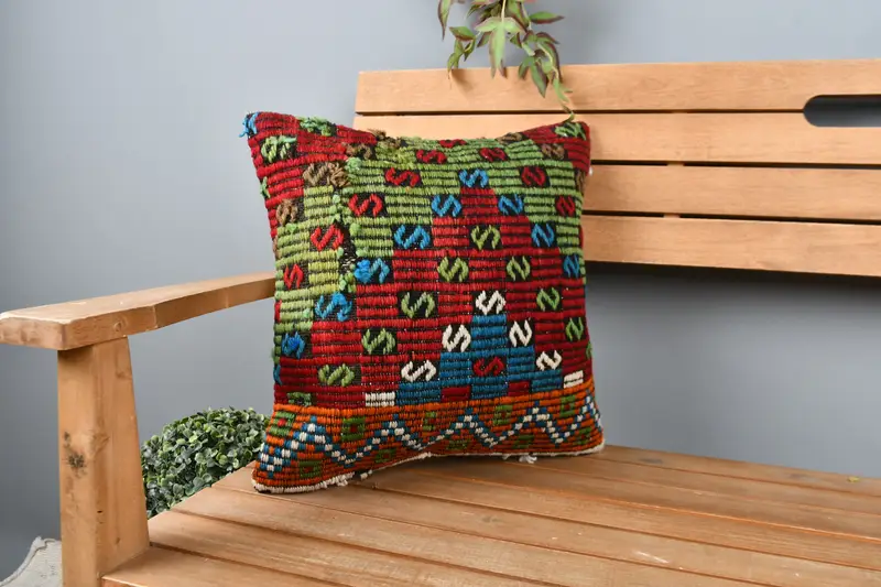 Vintage Kilim Pillow, Seat Cushion, Southwestern Cushion Cover, Cushion, 16x16 Red Pillow Sham, Handmade Kilim Cushion, Gift Pillow - 1