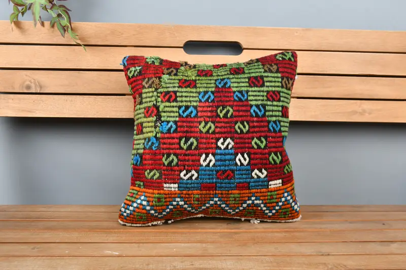 Vintage Kilim Pillow, Seat Cushion, Southwestern Cushion Cover, Cushion, 16x16 Red Pillow Sham, Handmade Kilim Cushion, Gift Pillow - 6