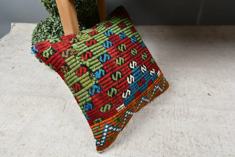 Vintage Kilim Pillow, Seat Cushion, Southwestern Cushion Cover, Cushion, 16x16 Red Pillow Sham, Handmade Kilim Cushion, Gift Pillow - 7