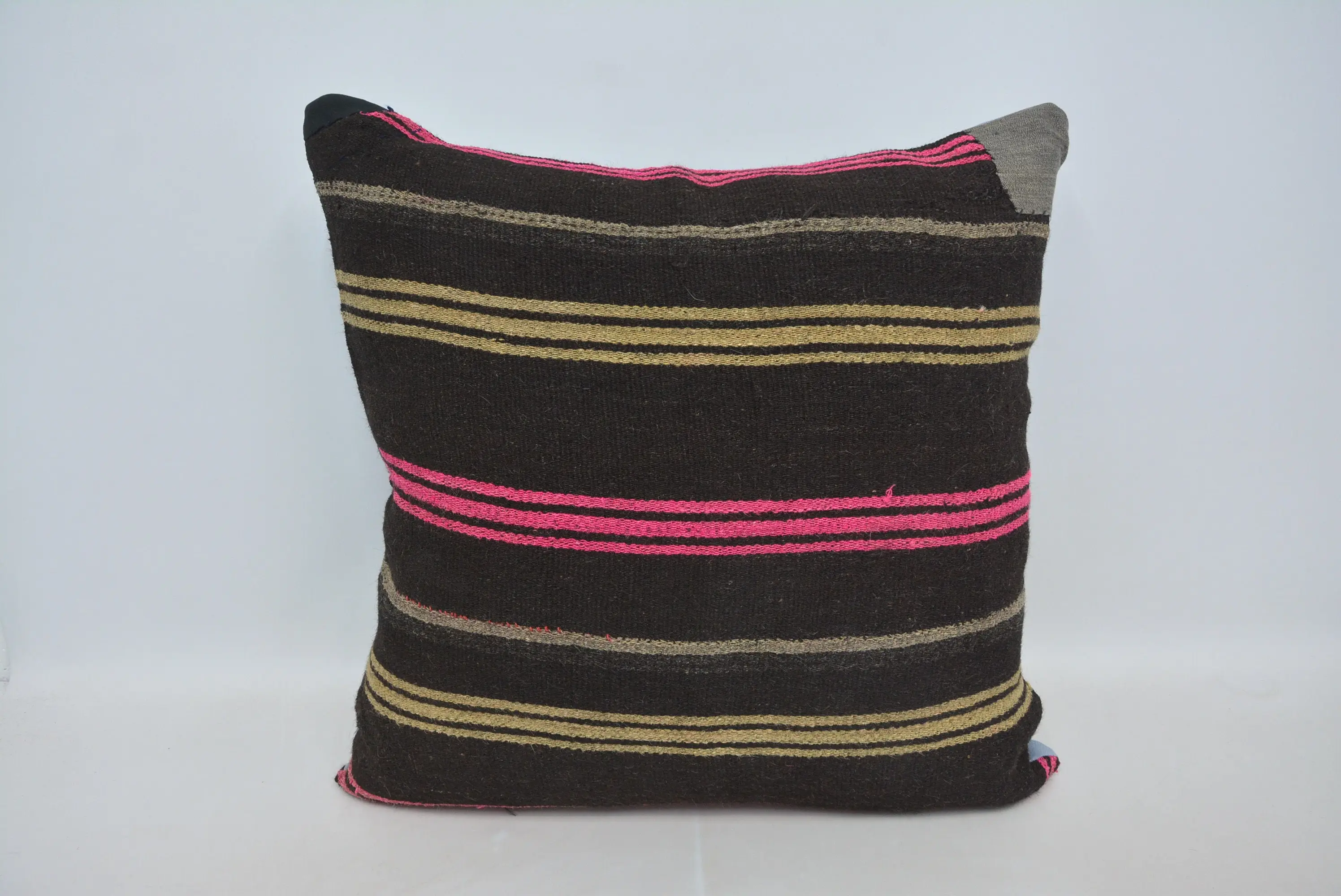 Brown & Pink Striped Throw Pillow, Embroidered Vintage Pillow - 1