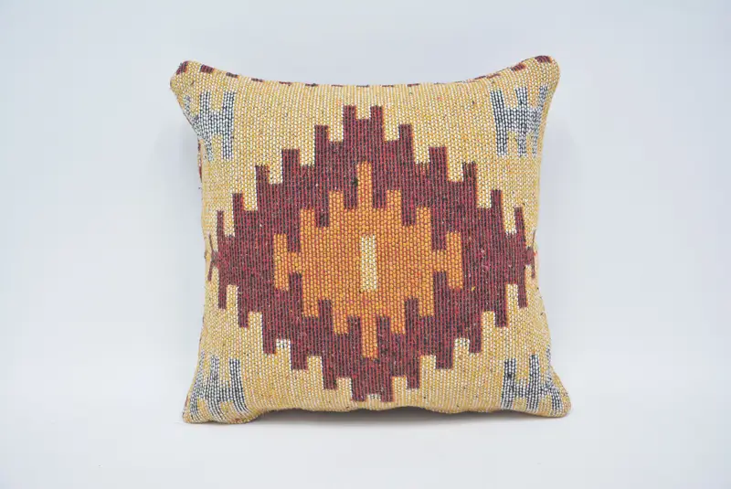 Kilim Pillow, Boho Pillow Sham Cover, 16x16 Yellow Pillow, Sofa Cushion Case, Pillow for Couch, Cushion, Anatolian Cushion Case, Vintage Pillow - 1