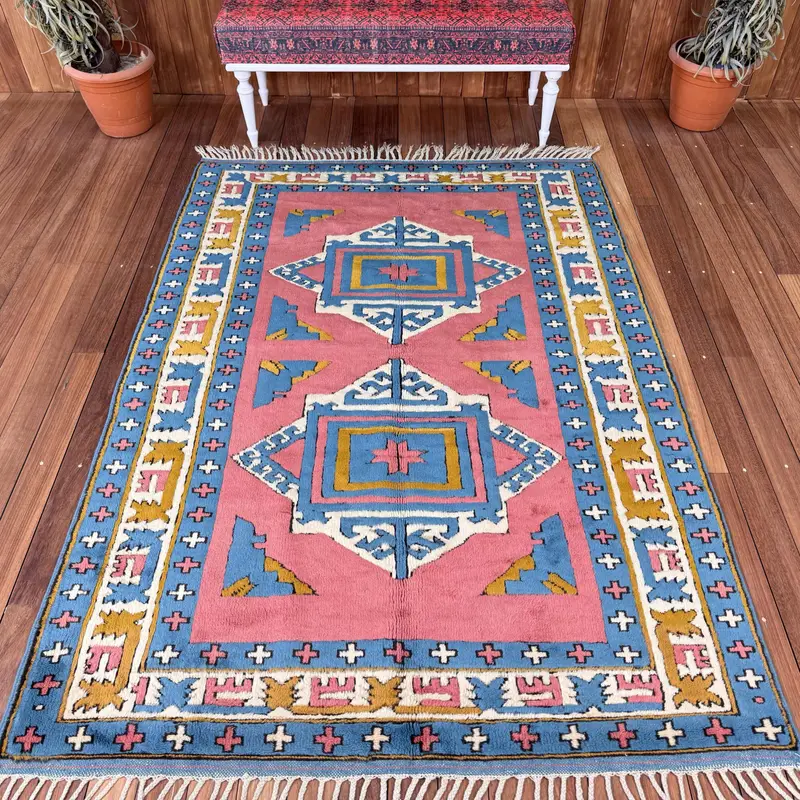 Türkischer Vintage-Teppich, 151 x 216 cm, roter marokkanischer Oushak-Teppich - 1