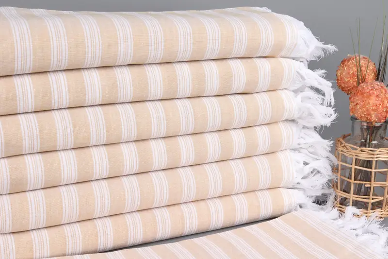 Monogrammed Beach Towel Mustard Striped Turkish Cotton, Beige, 40x71 Inches