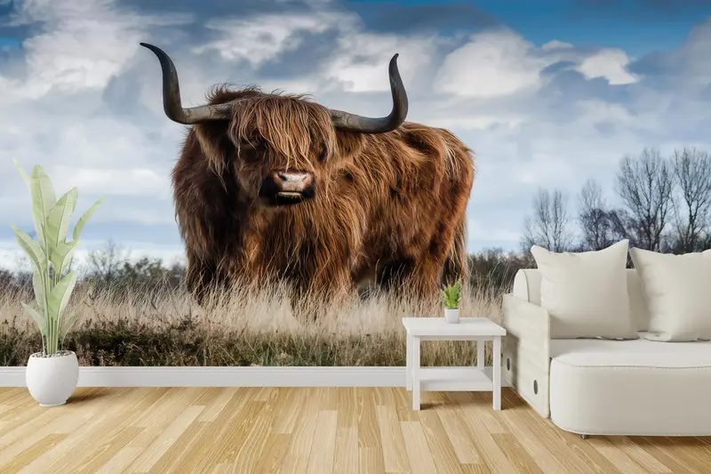 Animal Wall Paper, Cow Paper Art, Paper Crafts, Village Wall Decals, Papercraft 3D, Scottish Highland Cow Wall Decals, Wallpaper Patent, - 2