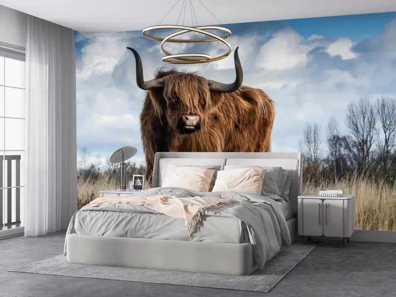 Animal Wall Paper, Cow Paper Art, Paper Crafts, Village Wall Decals, Papercraft 3D, Scottish Highland Cow Wall Decals, Wallpaper Patent, - 3
