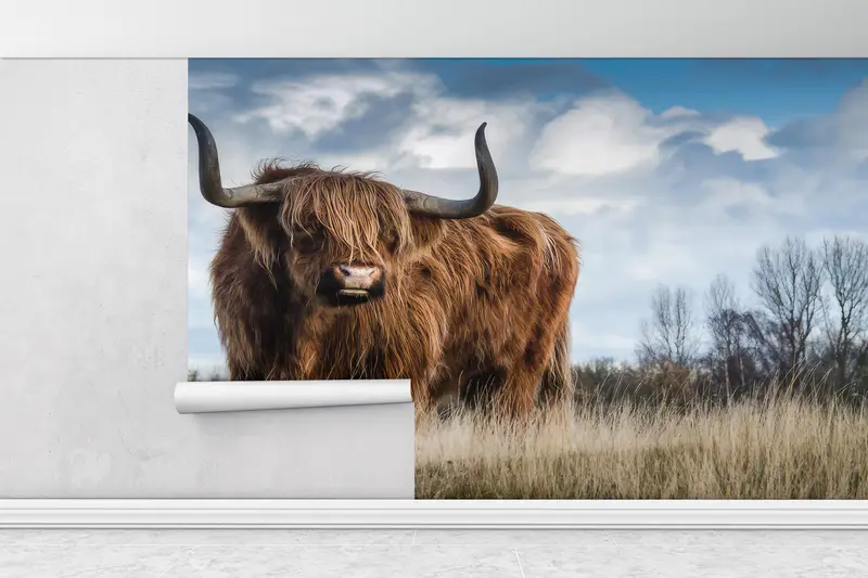 Animal Wall Paper, Cow Paper Art, Paper Crafts, Village Wall Decals, Papercraft 3D, Scottish Highland Cow Wall Decals, Wallpaper Patent, - 1