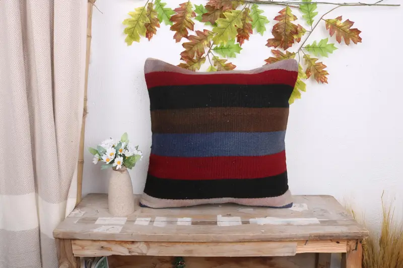 Kilim Pillow, Cushion Case, Ethnical Kilim Rug Pillow, 18x18 Red Pillow, Handmade Rug Seat Pillow, Interior Designer Pillow, Boho Chic Pillow Cover - 1
