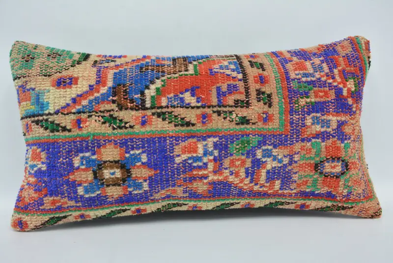 Blue & Red Embroidered Throw Pillow, 12x24 Inches Size Pillow - 1