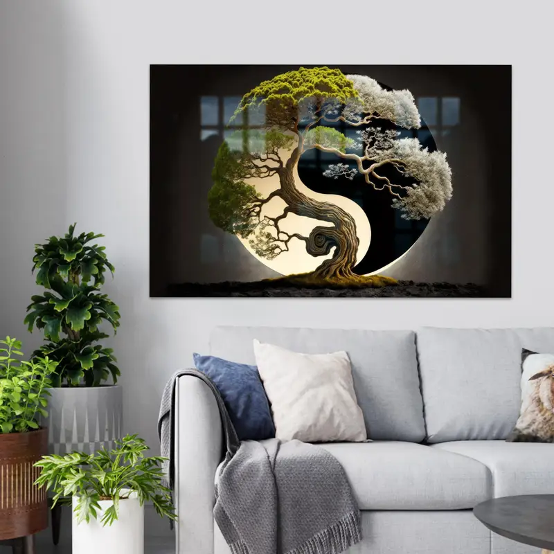 Vidrio impreso elegante: árbol bonsái abstracto, tema japonés