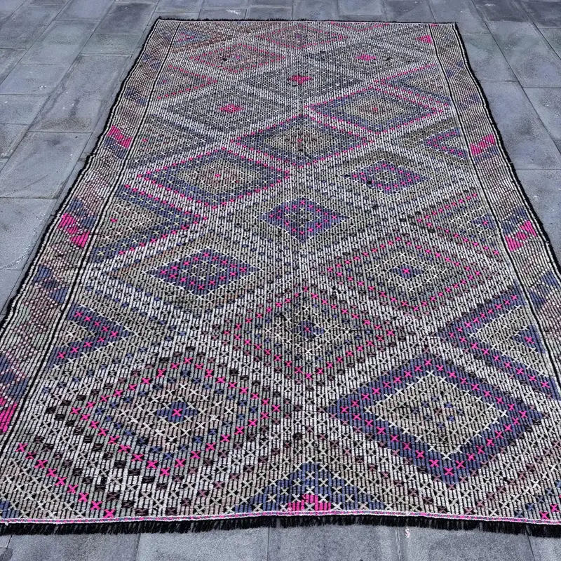 Mor ve Bej Halı, 6x10 ft Geometrik Çiçek Desenli