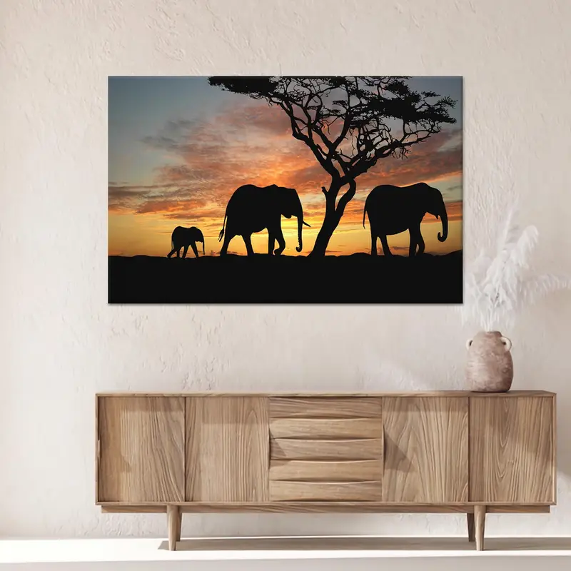 Zarif Fil Gün Batımı Kanvas Tablo: Afrika Manzarası Kanvas Tablo