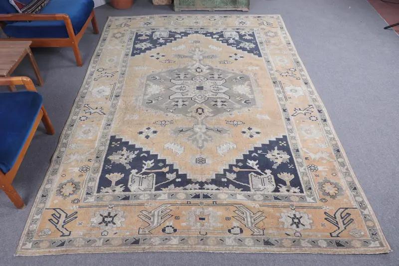 Vintage Büyük Halı 6.6x9.5 ft, Mavi Çiçekli Türk Yün Halısı - 1