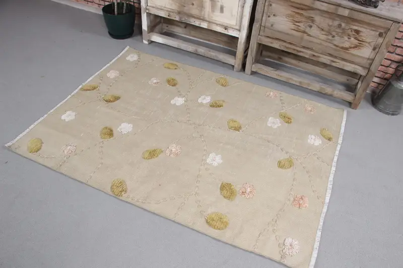 Alfombra Kilim, alfombra turca de 3,8x5,2 pies, lana de alfombra patchwork beige - 1