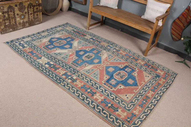 Mavi ve Turuncu Puantiyeli Halı, 4,3x7,2 ft Şık Dekor