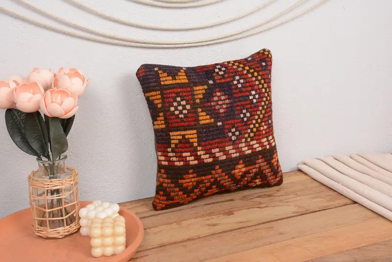 Rot & Orange besticktes Wurfkissen, Vintage geometrisches Kissen