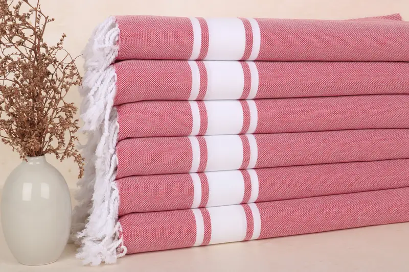 Monogrammed Hand Towel Dark Red Striped Cotton, 24x36 Inches