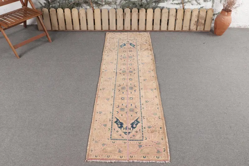 Handmade Brown Rug, 2,1x6,7 ft with Pink Accents