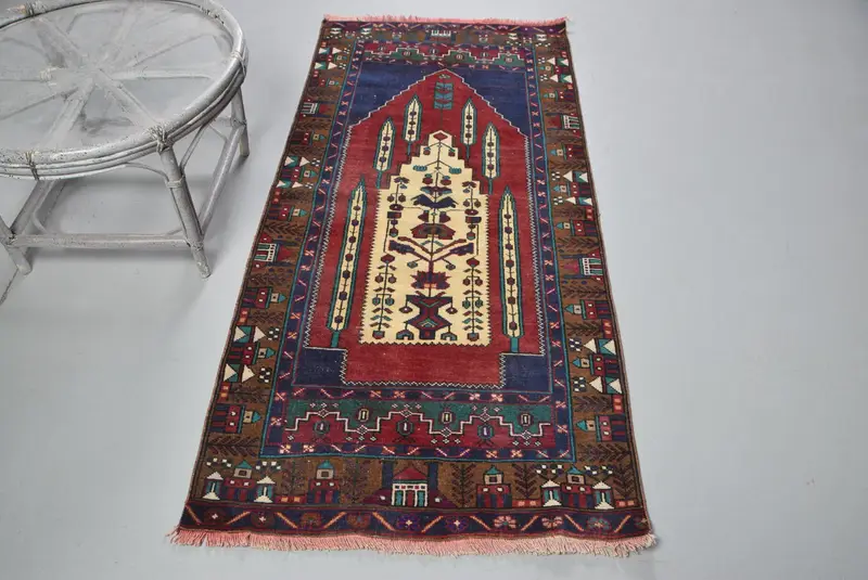 Vintage 2.9x6.2 ft Rug, Oushak Turkish Rug, Red Polka dot Rug Wool - 1