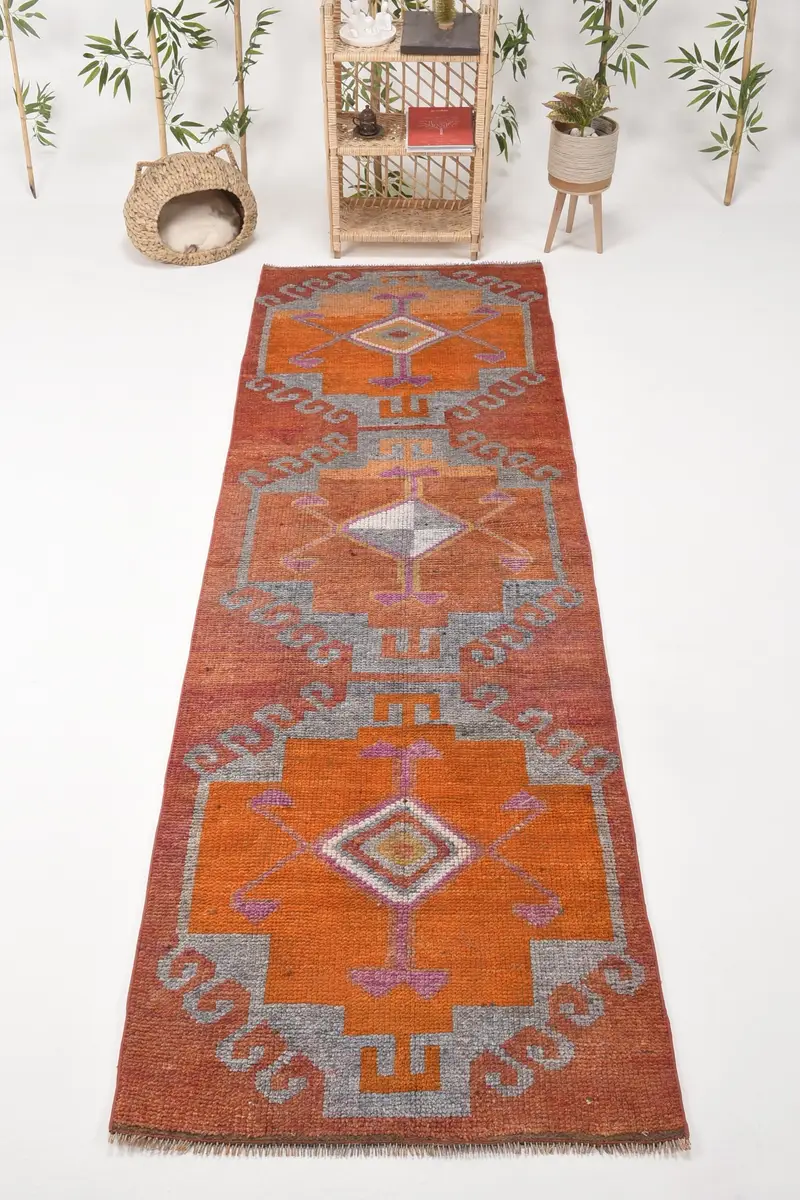 3x9,8 ft türkischer Herki-Teppich, Vintage-Teppich, roter floraler Wollteppich - 1