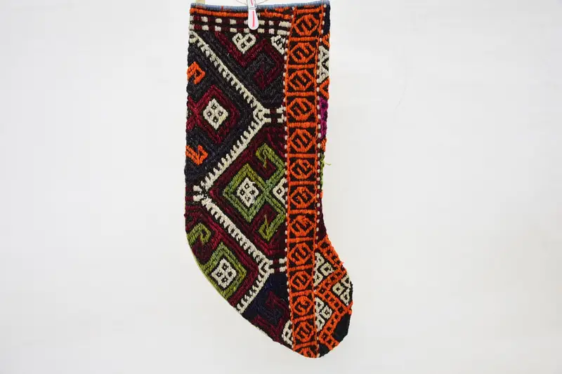 Festive Orange Stocking with Green Ornaments, Christmas Stocking