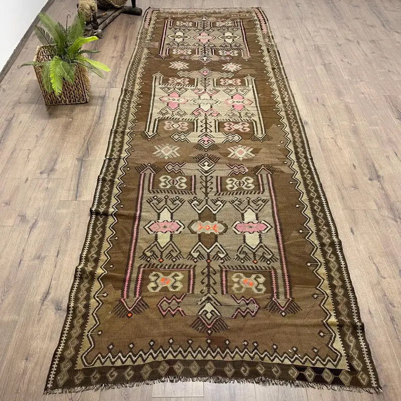 Zarif Kahverengi ve Pembe Halı, 4,1x12,2 ft Çiçek ve Geometrik