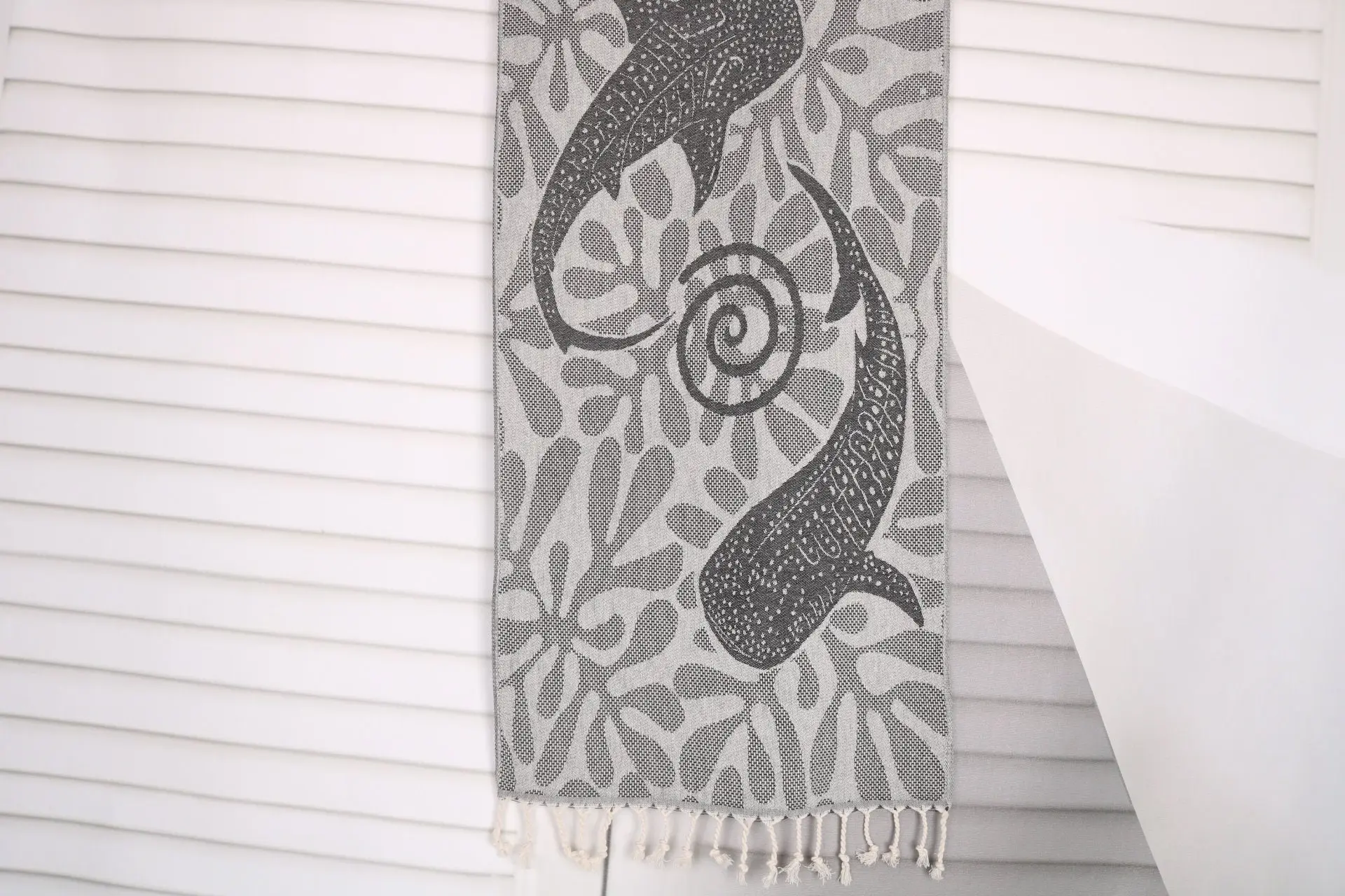 Whale Design Black Cotton Hand Towel, Organic/Recycled, 18x40 Inches - 1