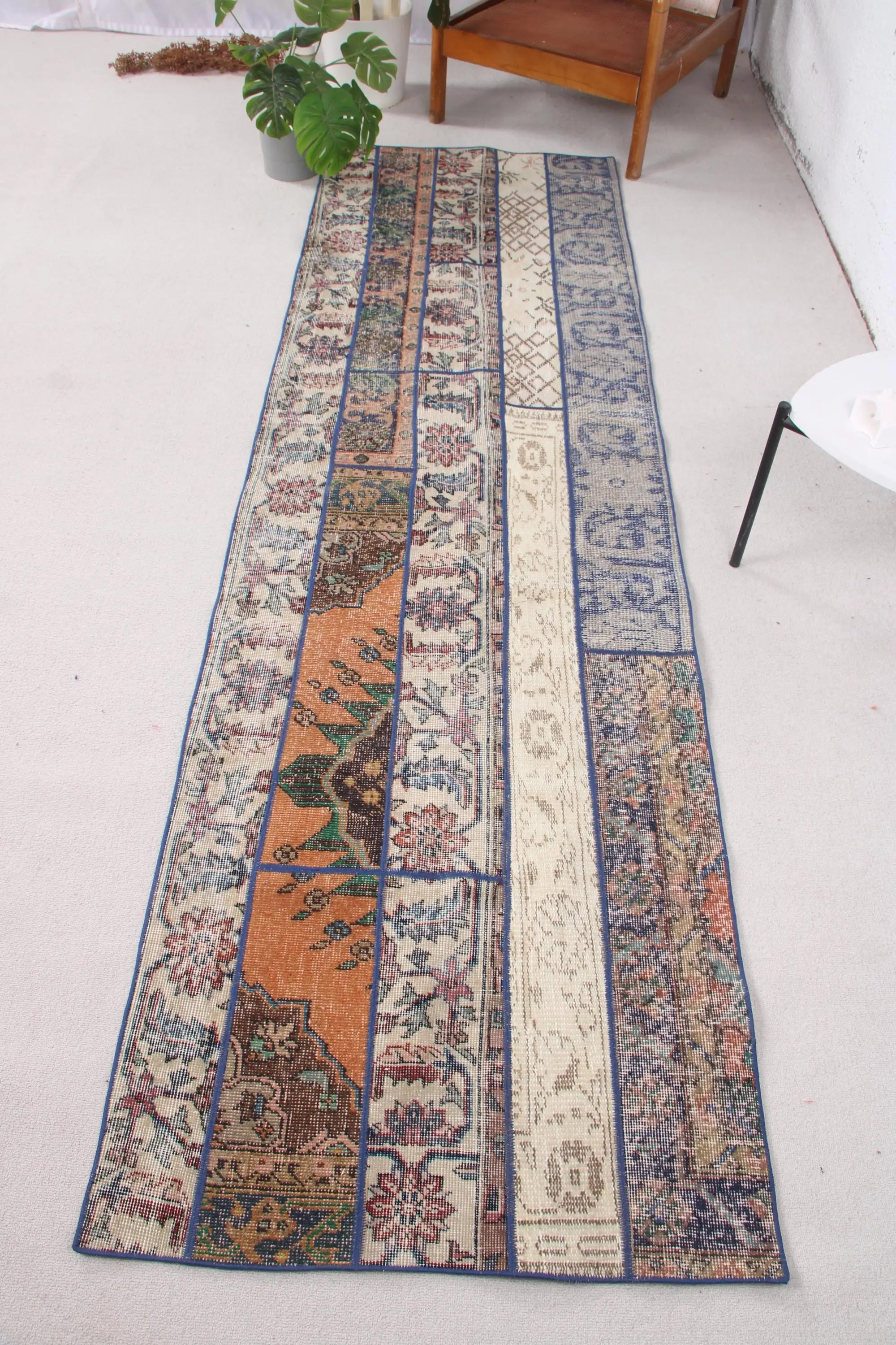 2.7x9.3 ft Vintage Runner Rug, Blue Brown Turkish Plants & trees Wool Rug - 1