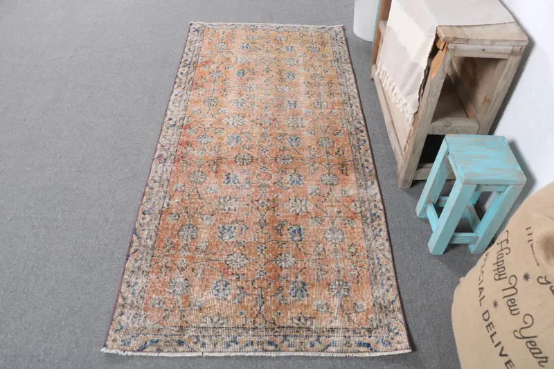 鮮やかなオレンジとブルーのラグ、2.9x6.2フィートのオリエンタルデザイン