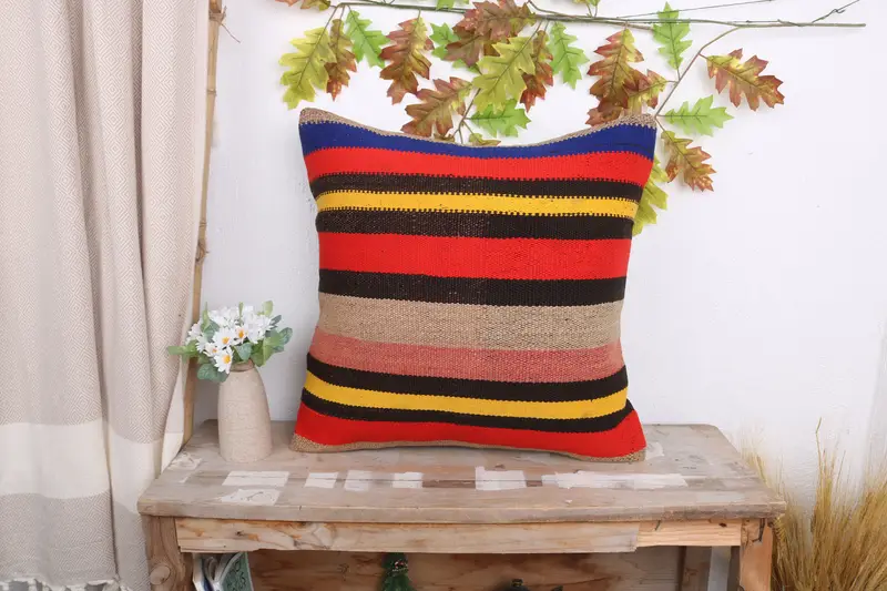 Neutral Throw Cushion, Kilim Pillow, Boho Pillow, Pillow Sham, 20x20 Red Pillow Sham, Vintage Kilim Throw Pillow, Boho Throw Pillow Cover - 1