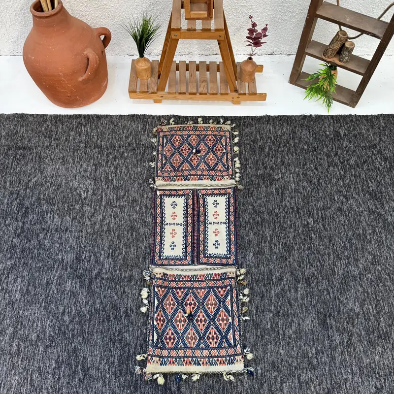 Türk Küçük Halı 1.3x4.1 ft, Turuncu Mavi Geometrik Halı Yün - 1