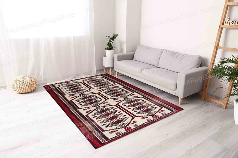 幾何学模様プリントラグ：モダンなアステカキリムデザイン