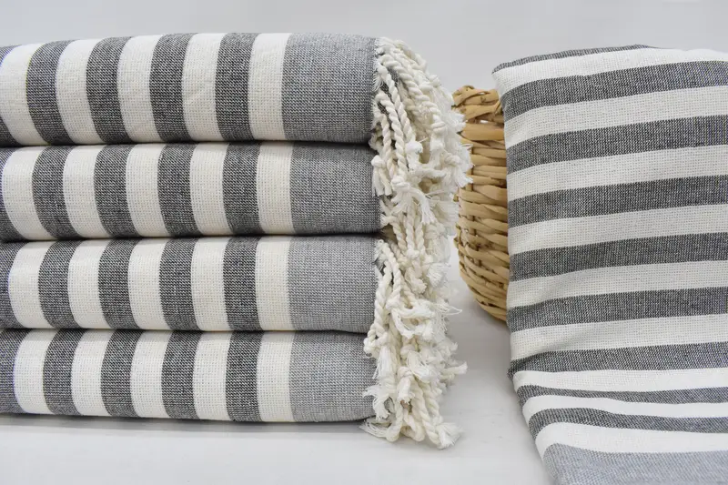 Personalized Gray Striped Terry Towel, 67x40 Inches, Turkish Organic Cotton