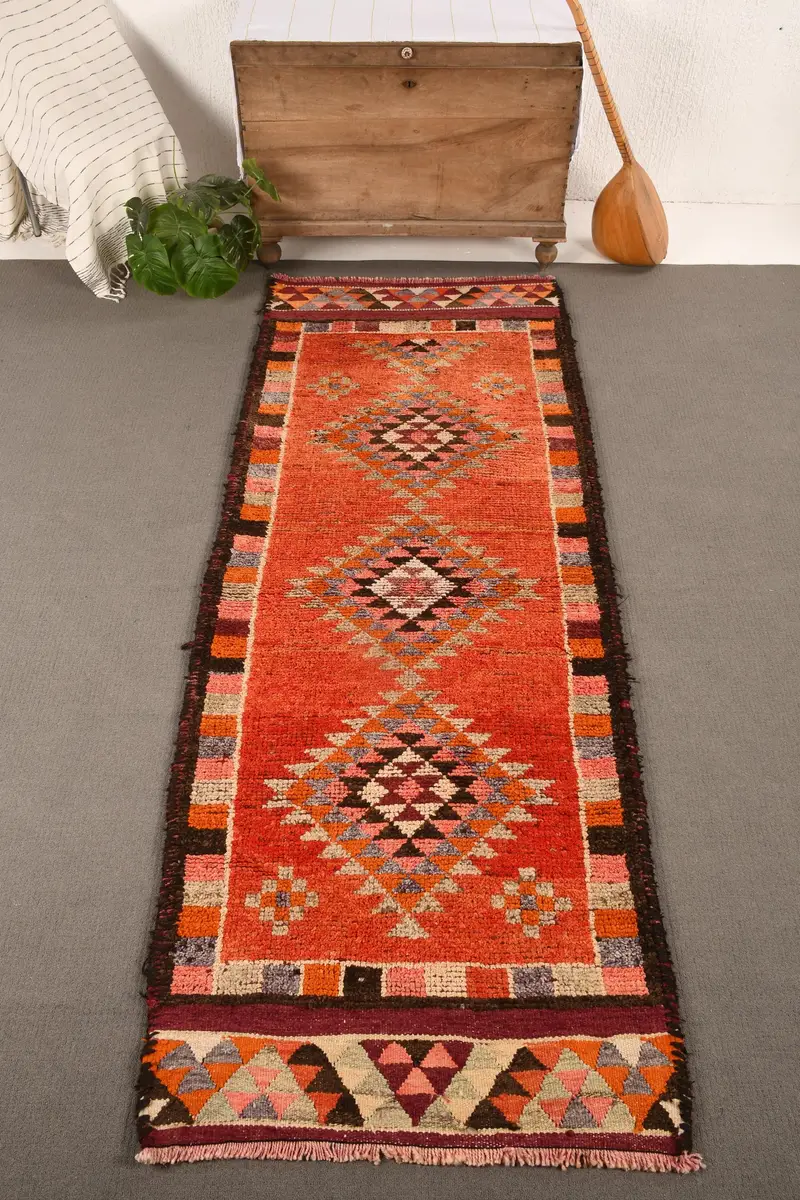 3.1x9 ft Turkish Vintage Rug, Runner Rug, Brown Rainbow Paisley Wool Rug - 1