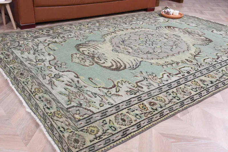 Türkischer großer Teppich, 5,8x8,8 ft Vintage Teppich, grüner Oushak Wollteppich - 1