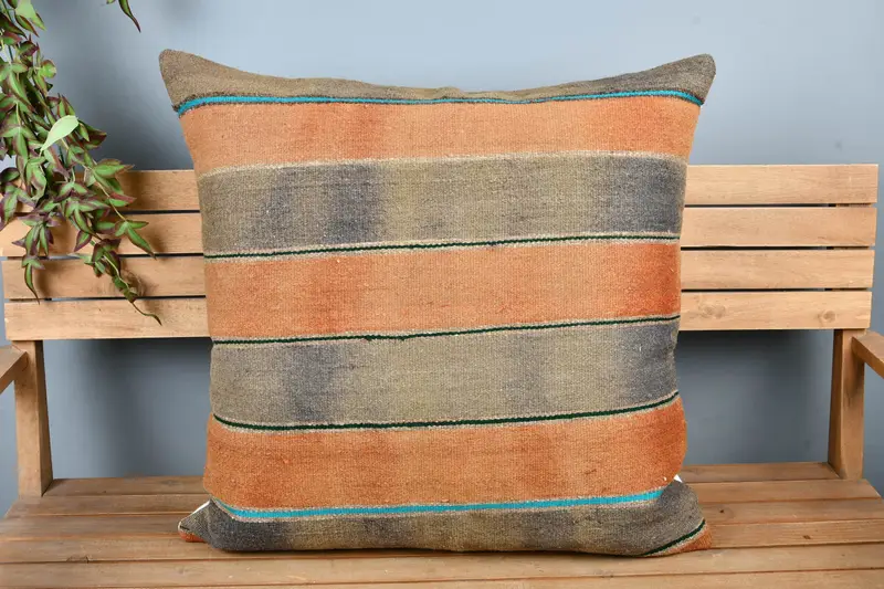 Kilim Pillow, Kilim Cushion Sham, Bench Pillow Cover, Pillow for Couch, Cushion Cover, 28x28 Orange Cushion Cover, Accent Throw Cushion - 6