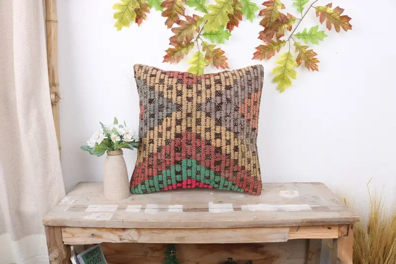 16x16 Red Pillow Cover, Pillow for Sofa, Pillow Cover, Boho Pillow Sham Cover, Traditional Pillow Cover, Ethnical Kilim Rug Pillow - 1