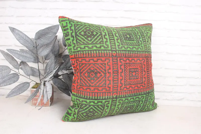 Turkish Kilim Pillow, Kilim Pillow, Neutral Cushion Case, 24x24 Green Pillow Sham, Antique Pillows, Pillow Case, Southwestern Pillow Cover - 3