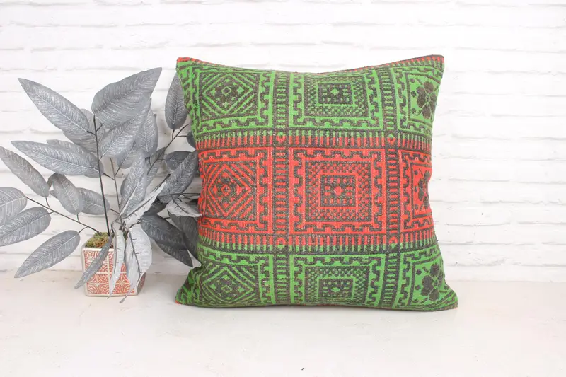 Turkish Kilim Pillow, Kilim Pillow, Neutral Cushion Case, 24x24 Green Pillow Sham, Antique Pillows, Pillow Case, Southwestern Pillow Cover - 1
