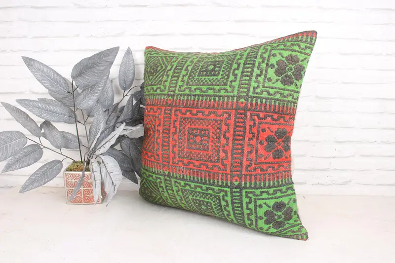 Turkish Kilim Pillow, Kilim Pillow, Neutral Cushion Case, 24x24 Green Pillow Sham, Antique Pillows, Pillow Case, Southwestern Pillow Cover - 4