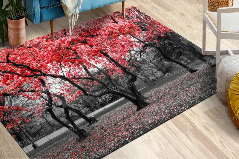 Doğa Manzarası Baskılı Halı: Ağaç Görünümü ve Kırmızı Vurgular