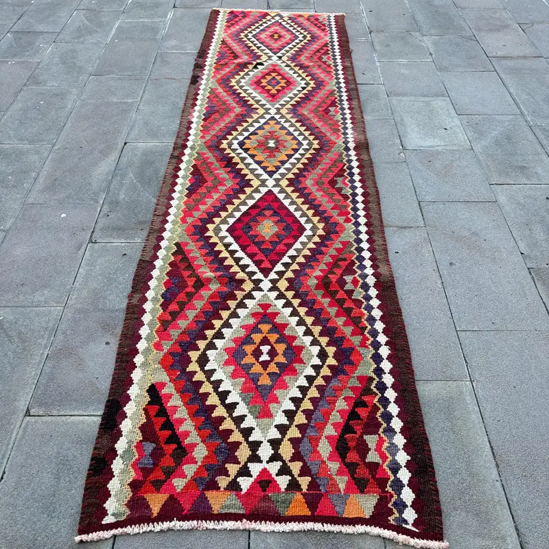 Kırmızı ve Yeşil Halı, 2,7x10,3 ft Çiçek ve Geometrik