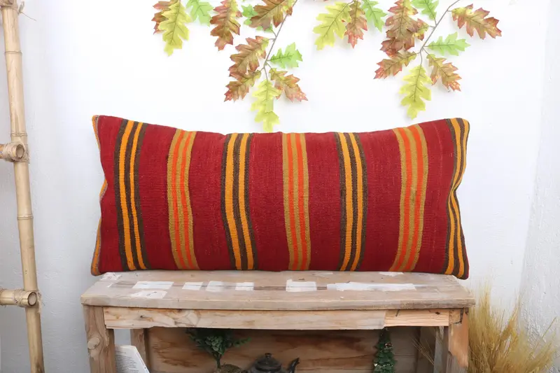 Cushion Cover, Interior Designer Pillow, Decorative Bolster Cushion, Farmhouse Pillow, 16x36 Red Pillow Cover, Throw Kilim Pillow, Turkish Pillow - 1