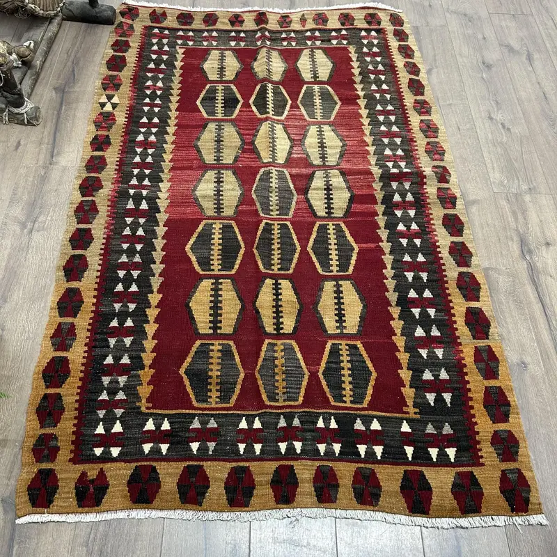 Red & Black Rug, Geometric Floral Motifs 4x6 ft