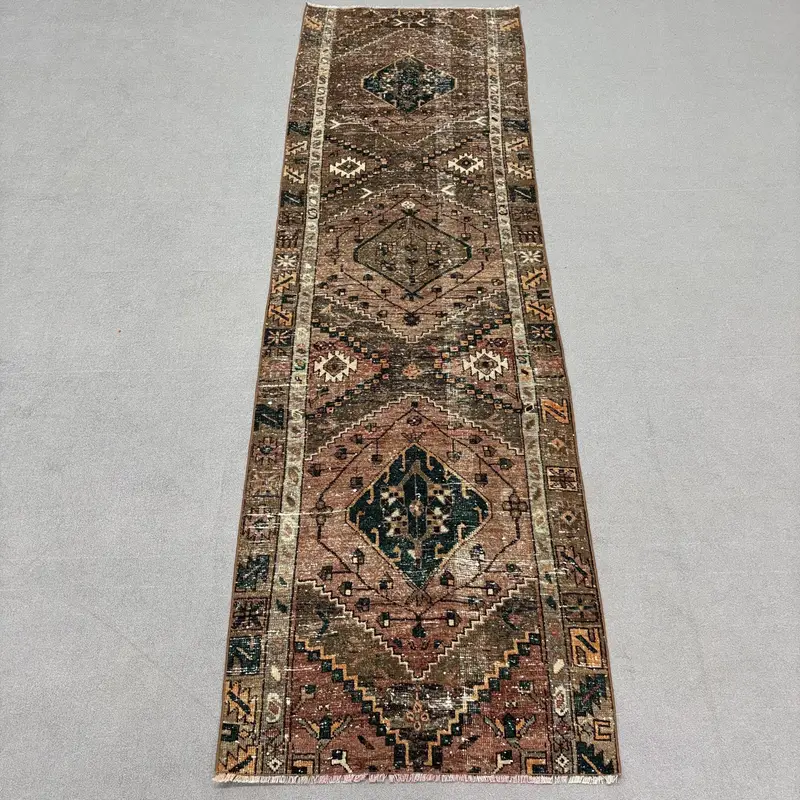 Brown, Green Striped Rug 2,8x9,4 ft, Geometric Patterns