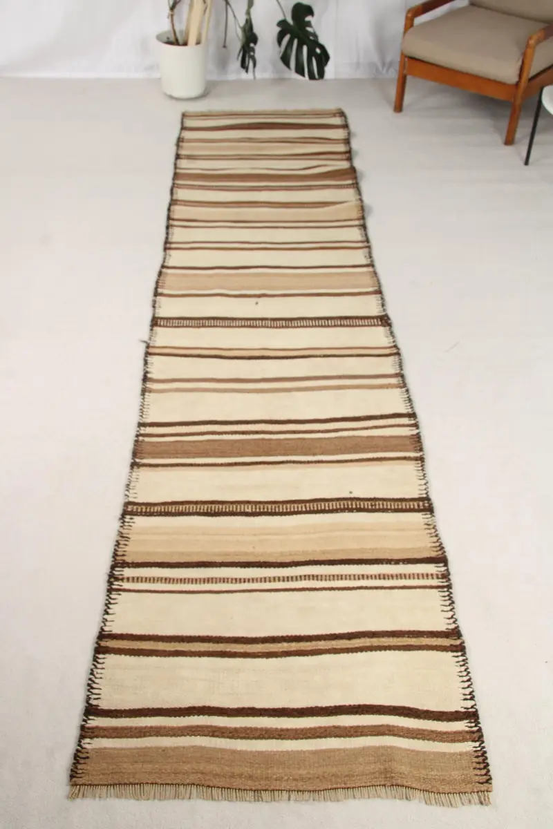 2.8x11.7 ft Türk Halısı, Vintage Yolluk Halısı, Kahverengi Beyaz Bitki ve Ağaç Halısı - 1