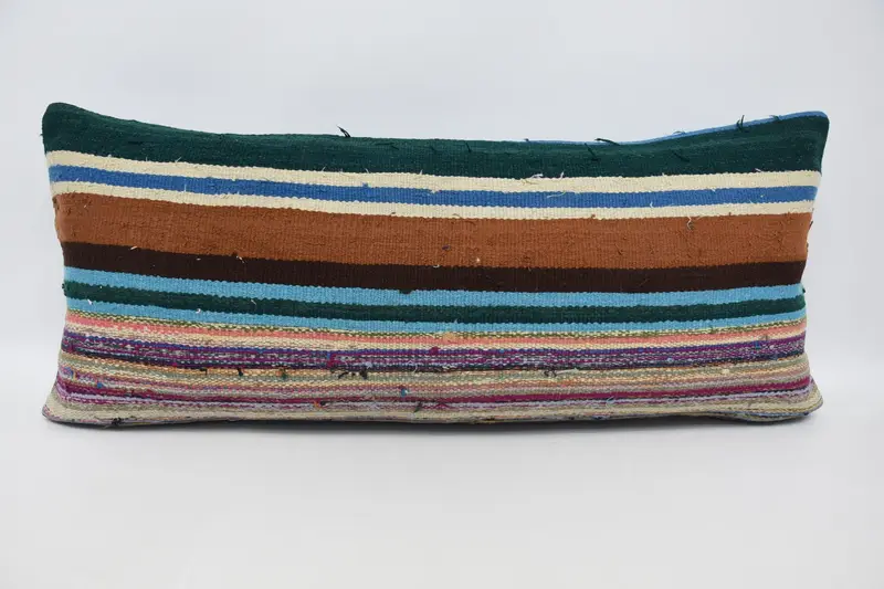 Rectangle Striped Turkish Pillow, Antique 16x36 inch FloorBlue Wool Euro Sham - 1