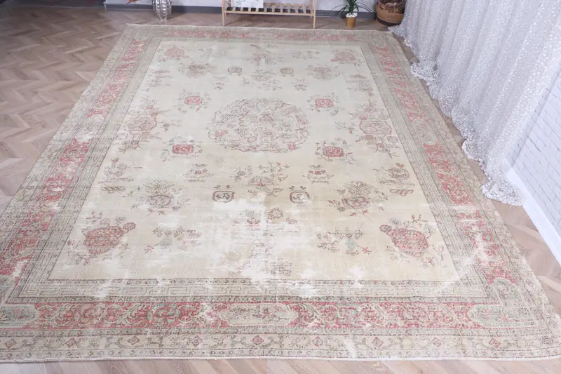 El Yapımı 0,8x13 ft Halı, Bej Çiçek ve Paisley Tasarım