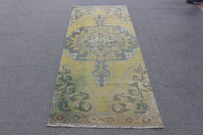 エレガントなグリーン&ブルーラグ、3.1x7.5フィートのペルシャ柄